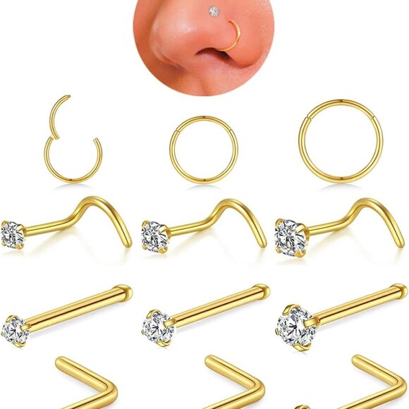 12Pcs Gold Silver Black Hypoallergenic 316L Surgical Steel Nose Jewelry Sets for - Picture 1 of 7